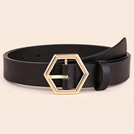 Women’s Slim Genuine Leather Belt with Geometric Buckle – Fine Line Classic Waist Belt for Jeans & Dresses