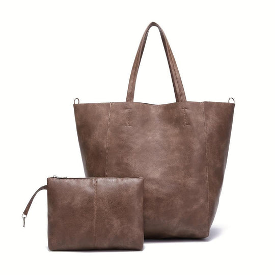Women’s Large Brown Faux Leather Tote Bag Set – Renee’s Retro Softness Shopper with Matching Pouch