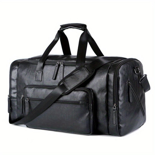 Men’s Large Black Leather Travel Duffel Bag – Everett Weekender Carry-On Overnight Bag