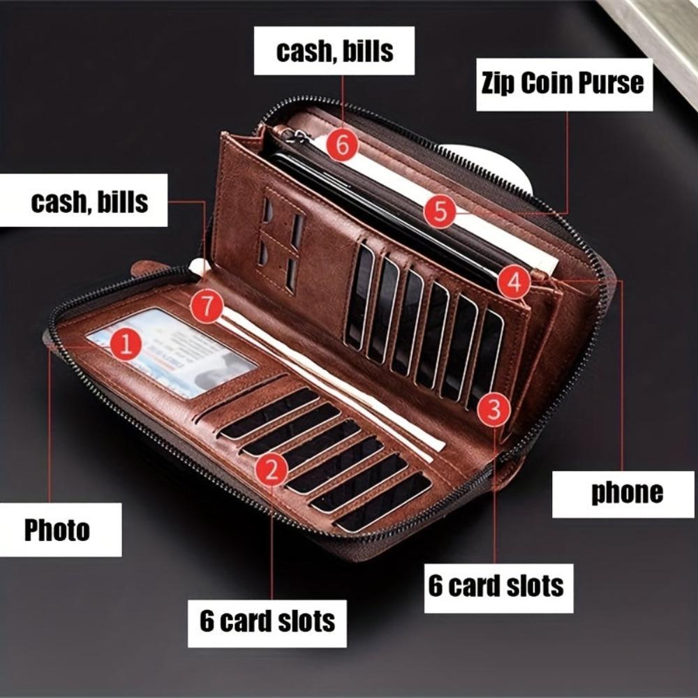 Men’s Brown Leather RFID Zip Wallet – Holden Long Clutch Card Holder