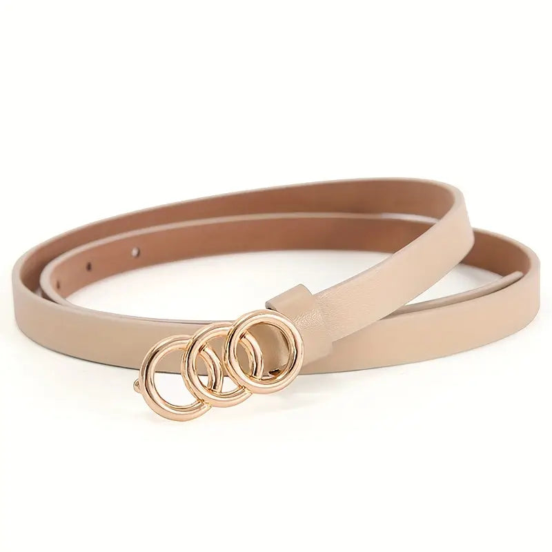 Women’s Slim Genuine Leather Belt with Triple Ring Buckle – Soft Statement Minimal Waist Belt