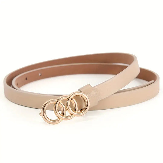 Women’s Slim Genuine Leather Belt with Triple Ring Buckle – Soft Statement Minimal Waist Belt