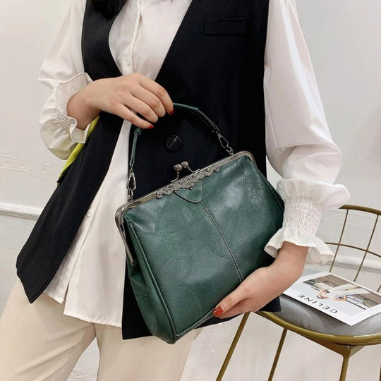 Women’s Red Leather Vintage Kiss-Lock Handbag – Celestial Embossed Top Handle & Shoulder Bag