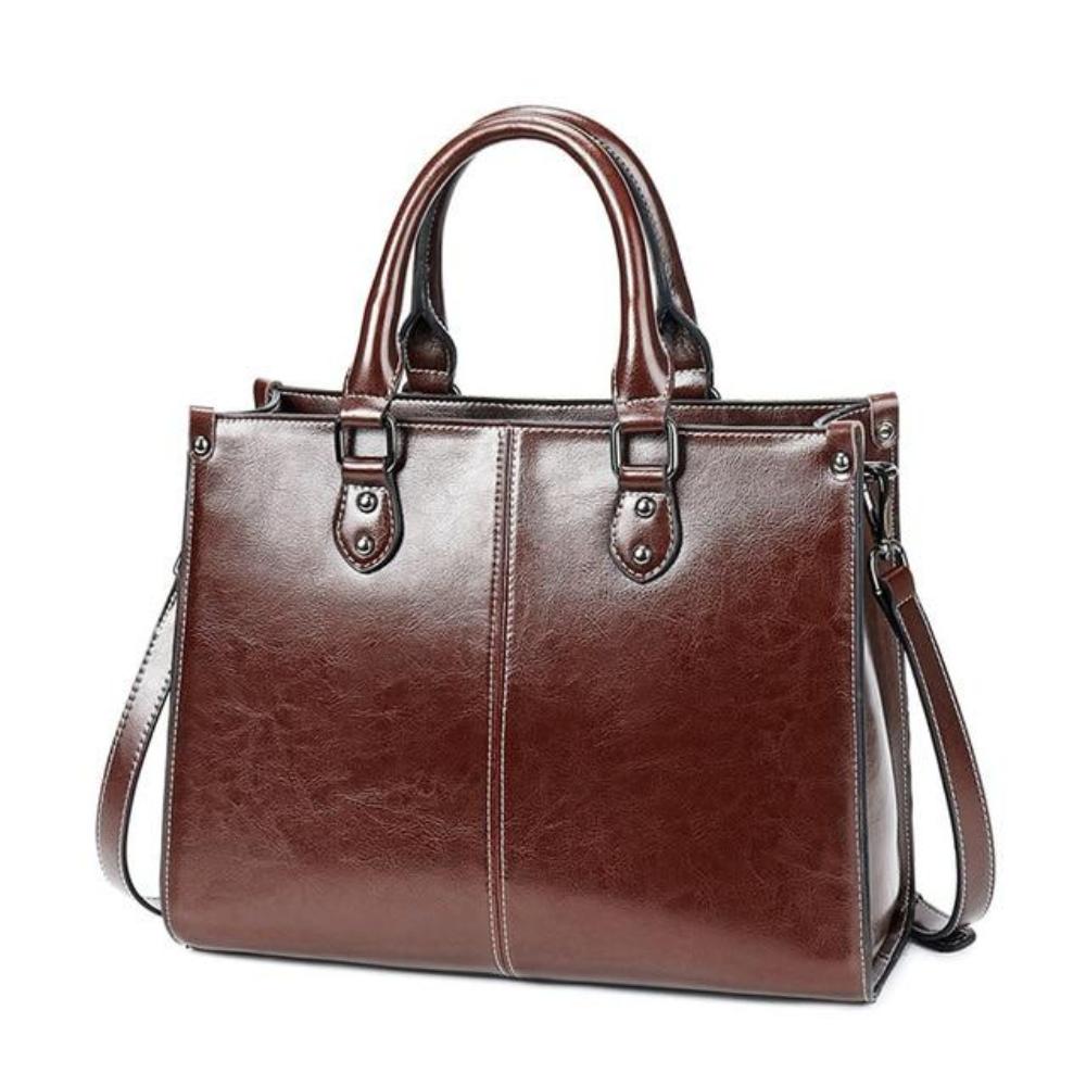 Women’s Medium Brown Leather Tote Bag – Elegant Classic Office Shoulder Handbag