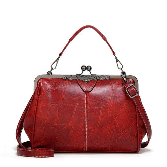 Women’s Red Leather Vintage Kiss-Lock Handbag – Celestial Embossed Top Handle & Shoulder Bag
