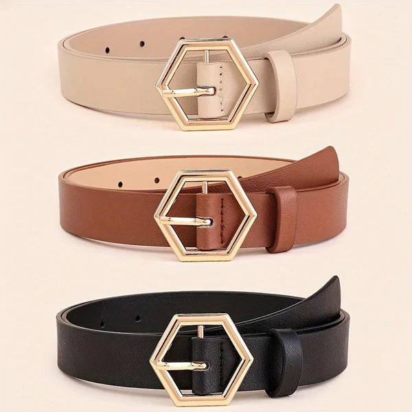 Women’s Slim Genuine Leather Belt with Geometric Buckle – Fine Line Classic Waist Belt for Jeans & Dresses